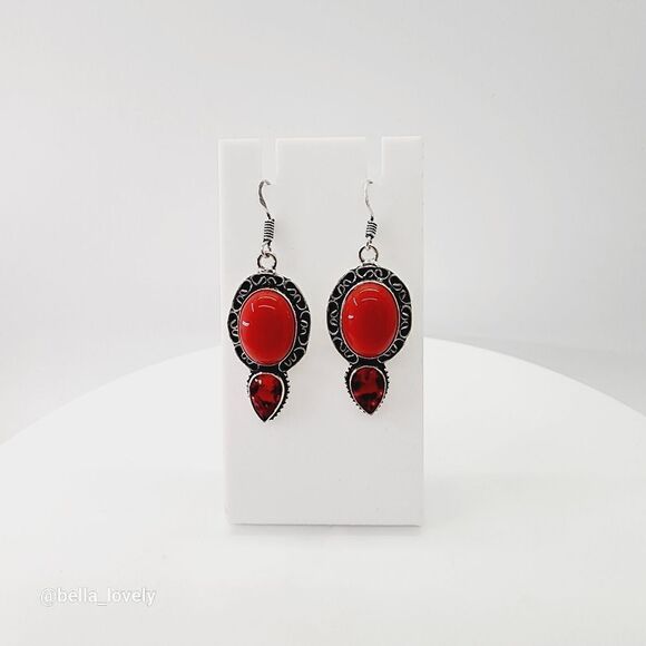 Coral Garnet Handmade Drop Dangle Earrings Jewelry 2" - Picture 2 of 4